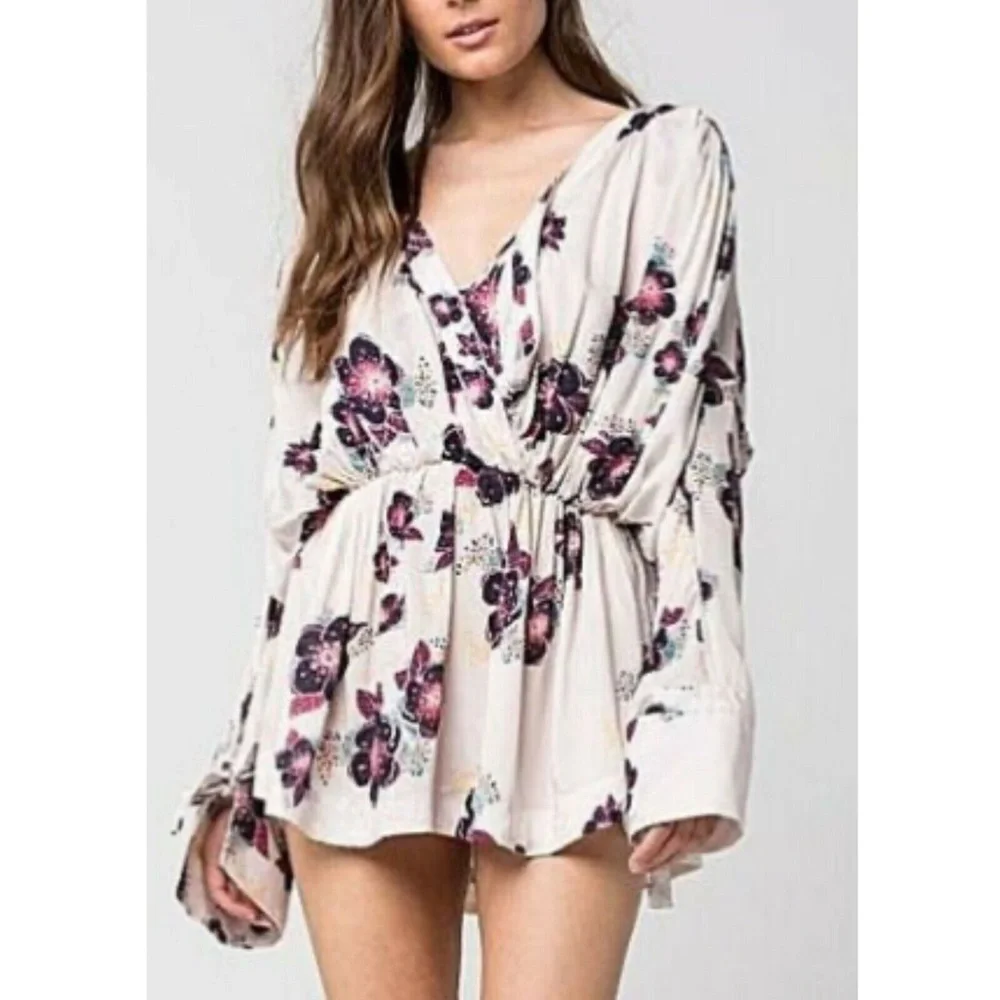 Free People Long Sleeve Off White Purple Floral Tuscan Dreams Tunic - Picture 2 of 9